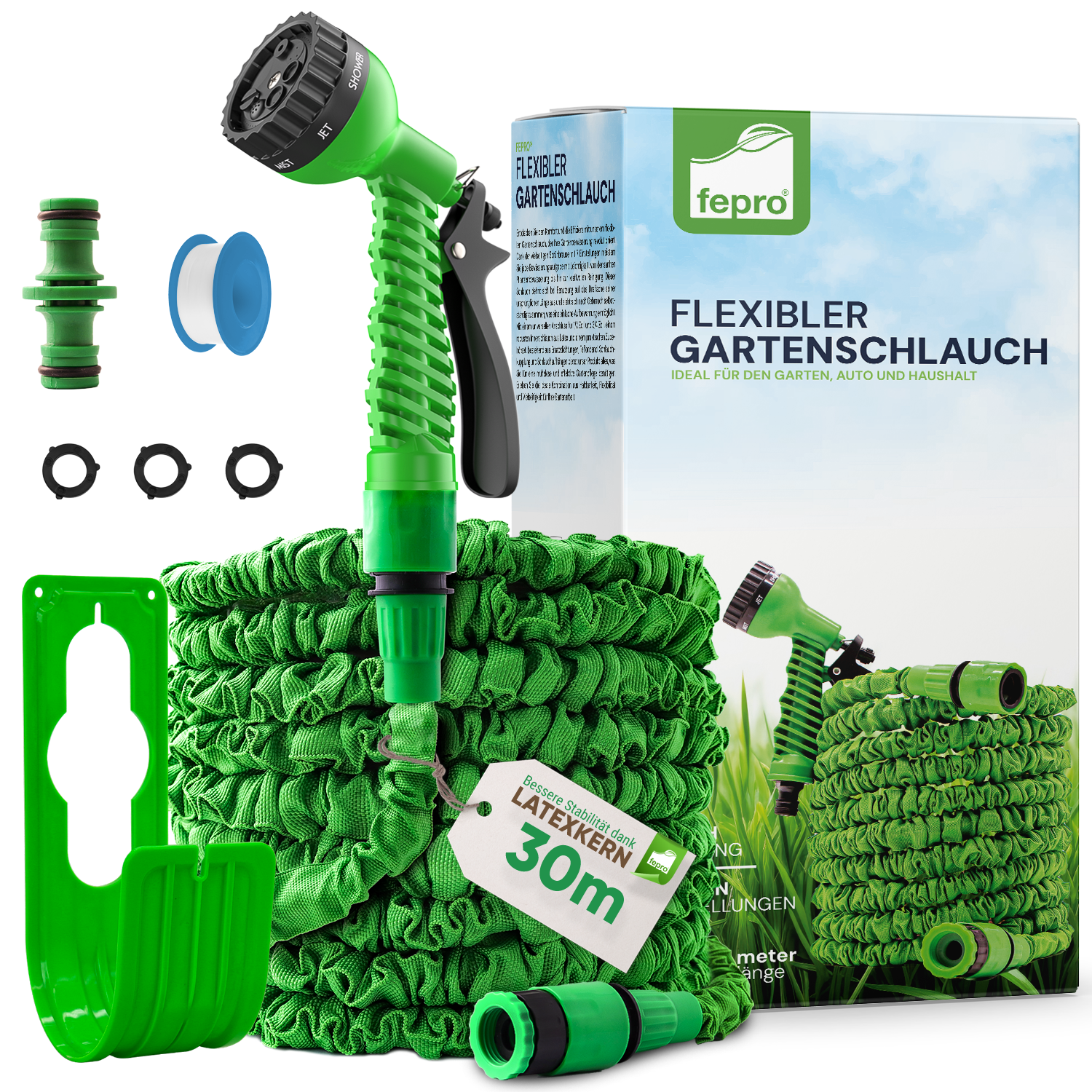 Fepro® Flexibler Gartenschlauch 30m 20m 15m 10m Dehnbar 3/4" 1/2" Grün Schwarz