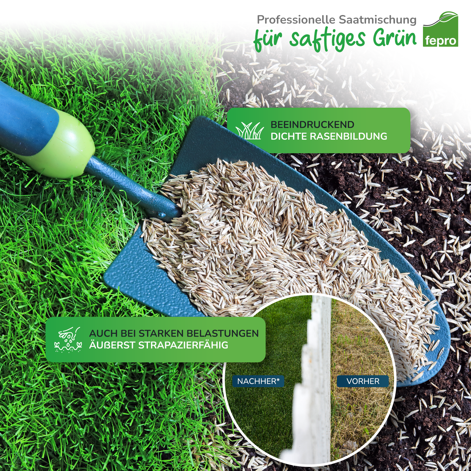 Fepro® Rasensamen Sport und Spiel schnellkeimend, dürreresistent, robust, tiefgrün, ideal für Neuansaat und Nachsaat, (Menge wählbar)