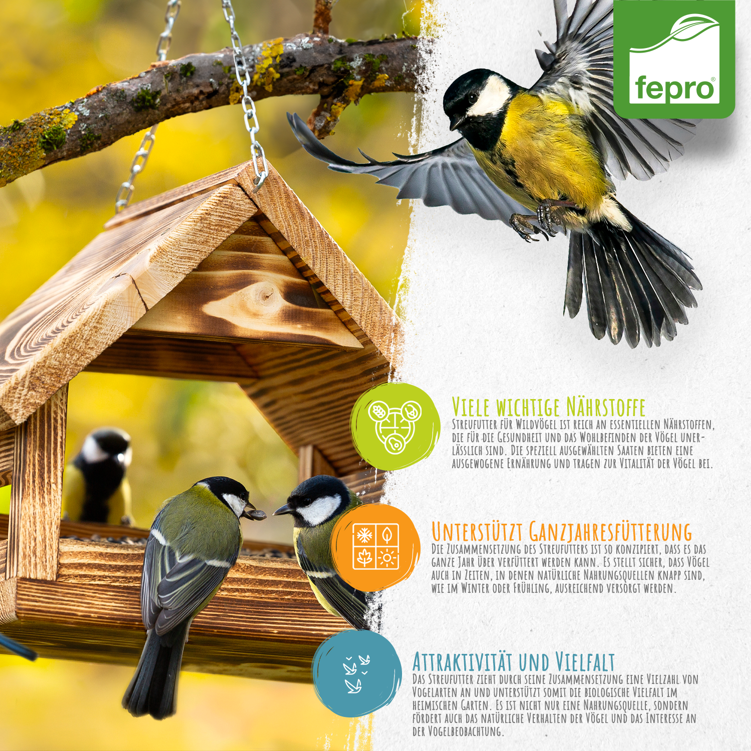 Fepro® Streufutter für Vögel, 25 kg - ganzjähriges Wildvogelfutter, ideal für kleine und große Vögel, Vogelfutter für Gartenvögel