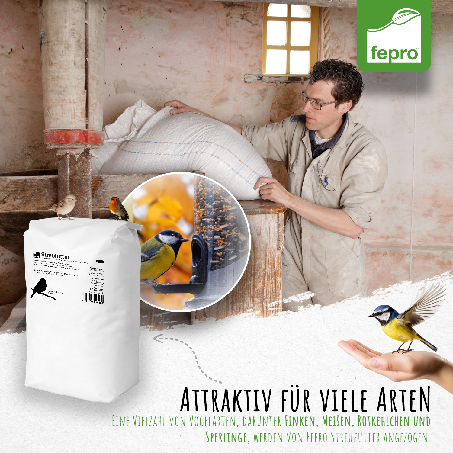Fepro® Streufutter für Vögel, 25 kg - ganzjähriges Wildvogelfutter, ideal für kleine und große Vögel, Vogelfutter für Gartenvögel