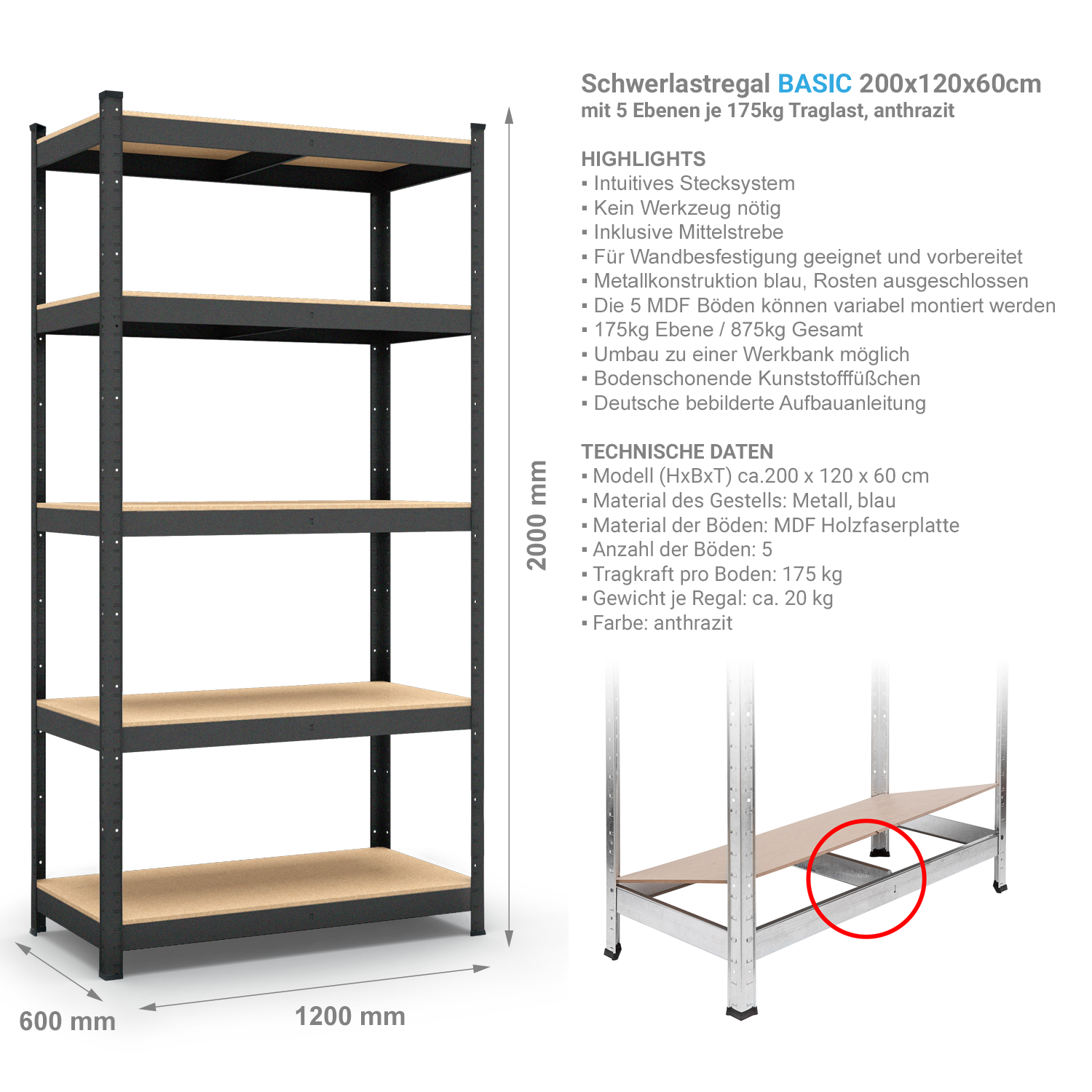 Belko® Schwerlastregal C226, 200x120x60 cm, 5 Böden, 180kg Tragkraft pro Boden, (Farbe wählbar) - Lagerregal, Steckregal