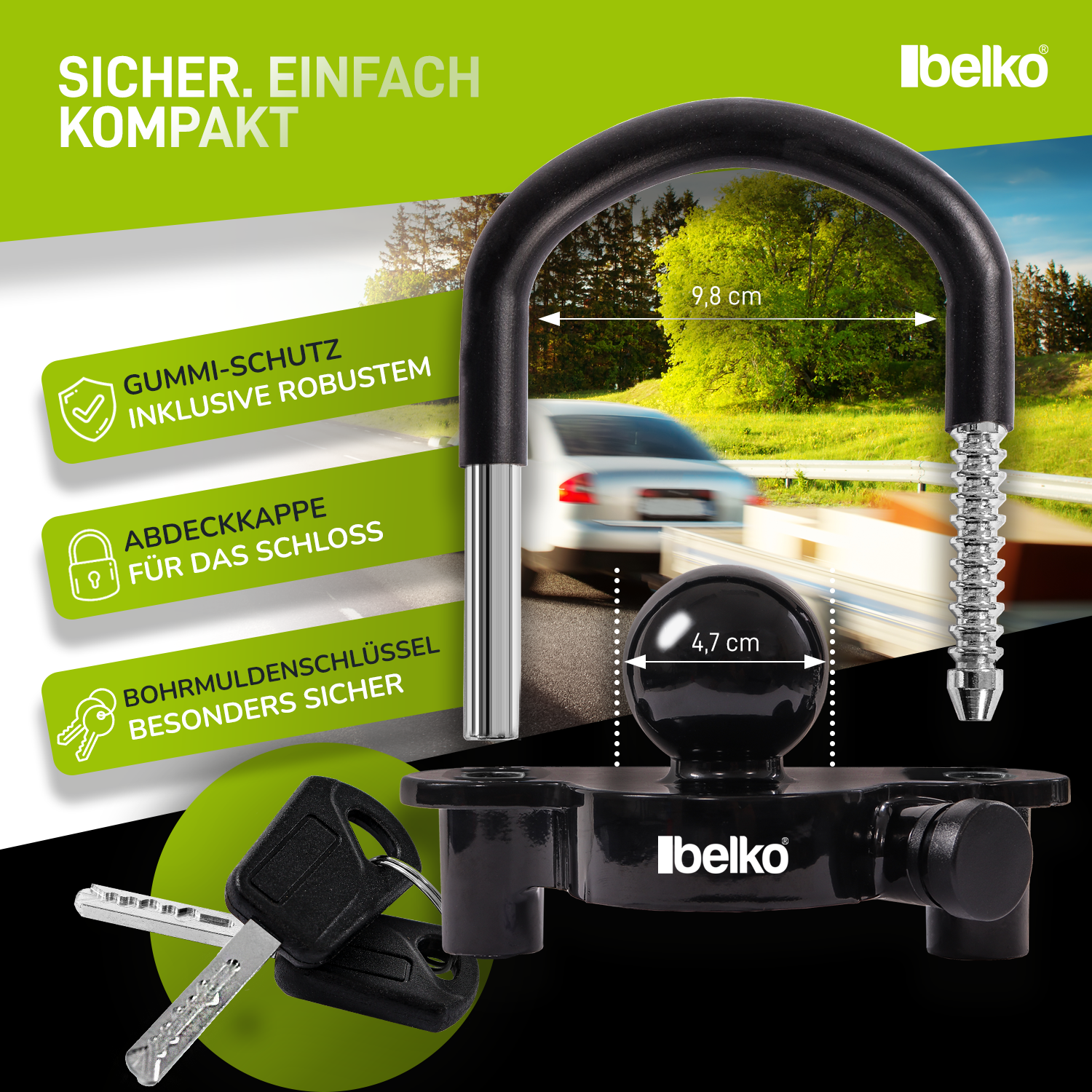 Belko® Anhängerschloss für gängige Anhängerkupplung 50mm - inkl. 2 Schlüssel, Gummischutz, Abdeckkappe - Anhängerkugelsperrkupplung Diebstahlschutz Anhänger-Sicherung Abschleppsperre