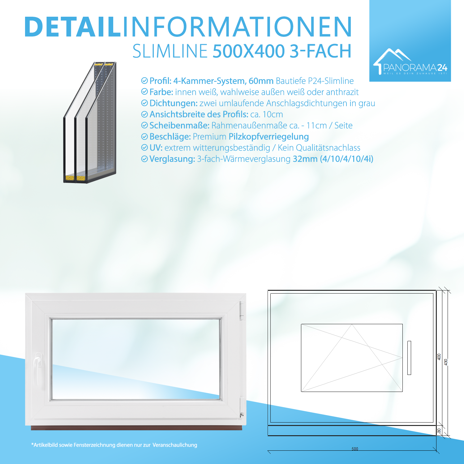P24® Kellerfenster Kunststofffenster 3-Fach 60mm Slimline, Anthrazit
