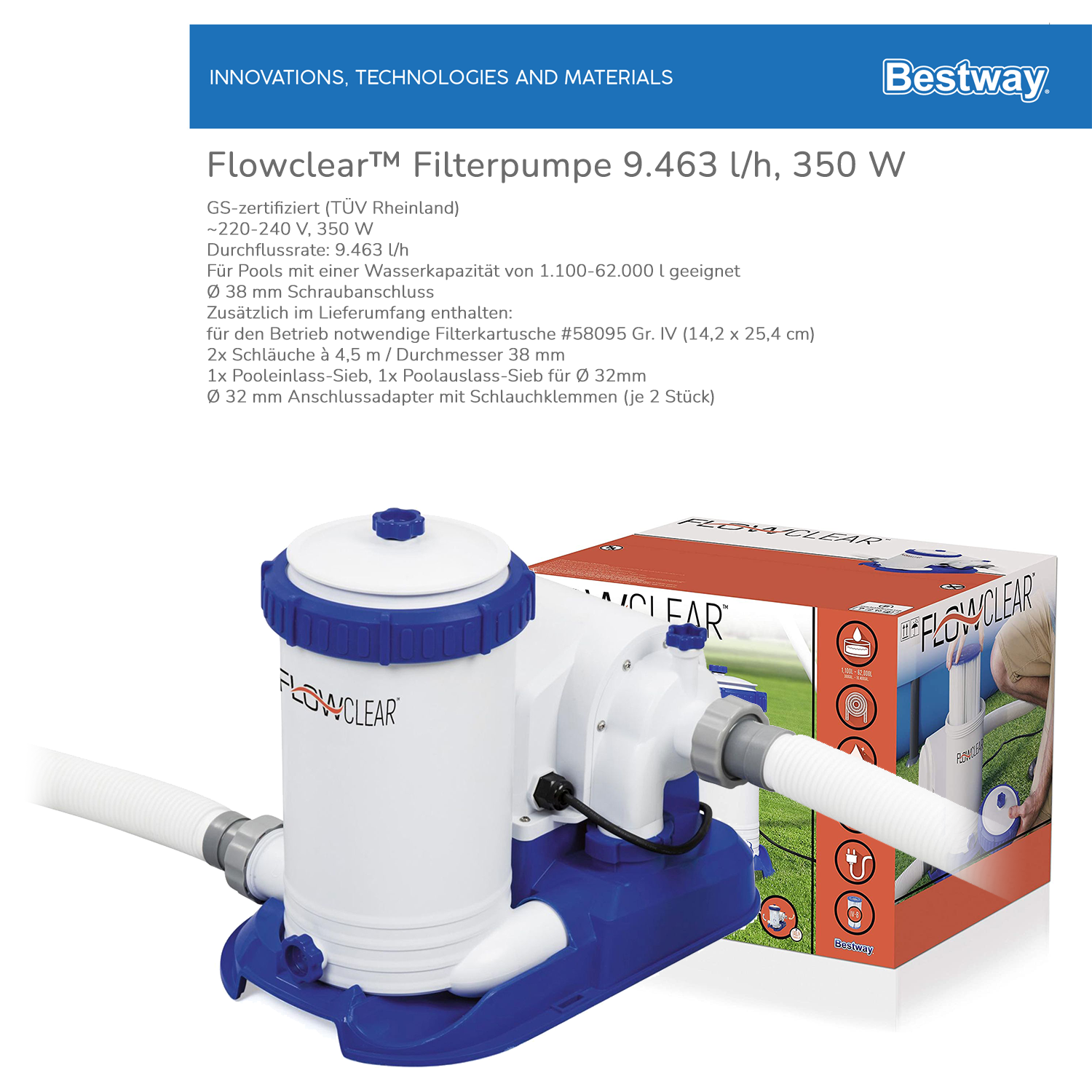 Bestway Pumpe Filterpumpe Sandfilterpumpe Filteranlage Pool Flowclear Filter (Modell wählbar)