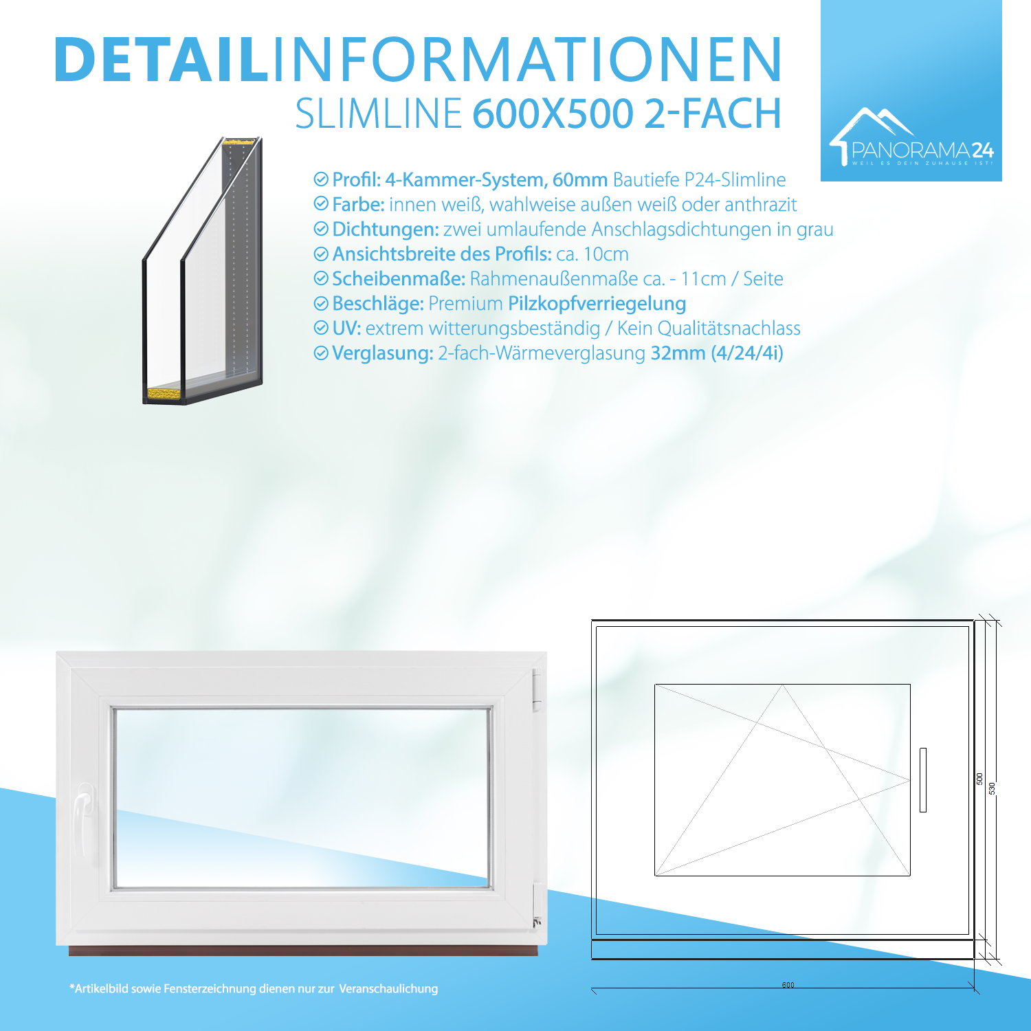 P24® Kellerfenster Kunststofffenster 2-Fach 60mm Slimline, Anthrazit