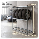 Belko® Reifenregal T110, 180x120x40 cm, für 8 Reifen mit Kantenschutz und Ablage, max. 200 kg Tragkraft, verzinkt
