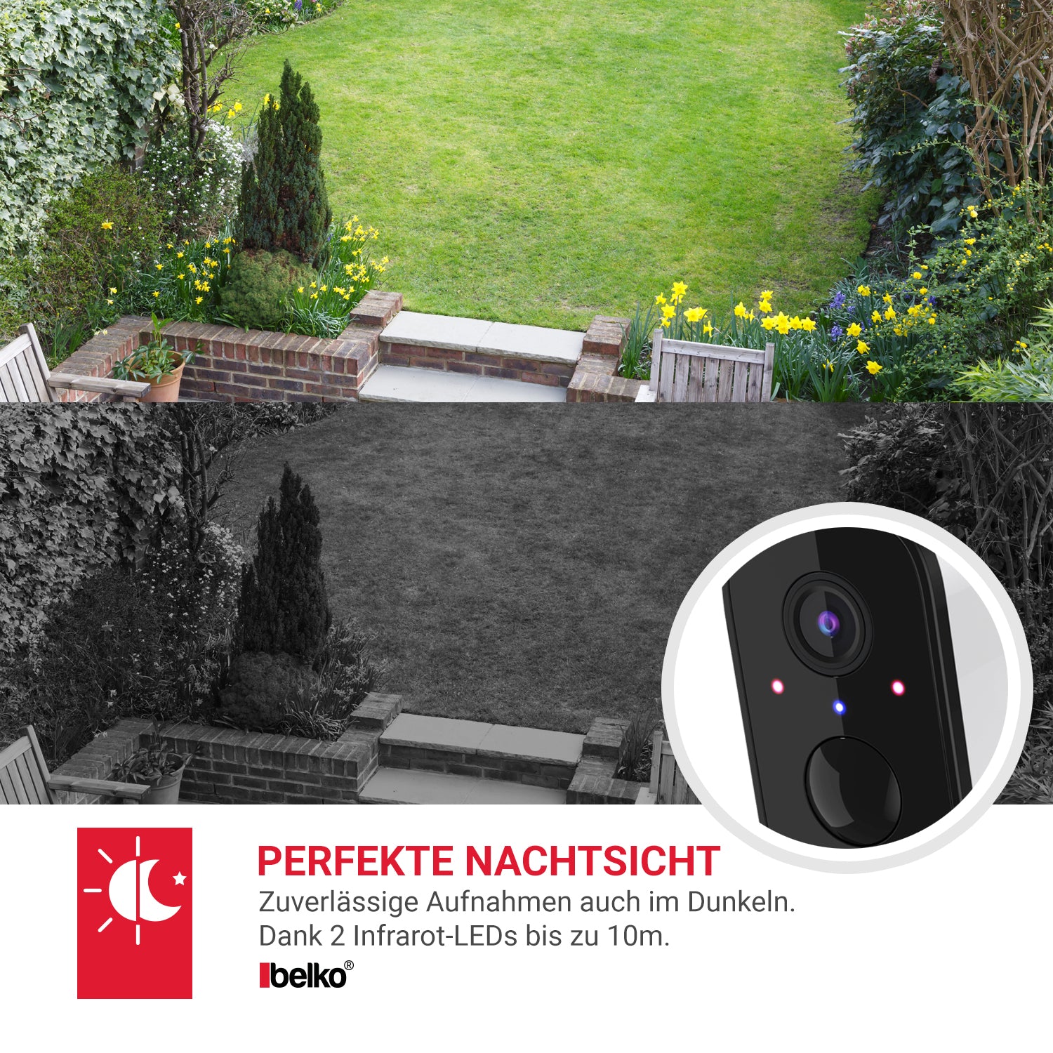 Belko® Überwachungskamera, 1080p mit WLAN & Akku für Aussen, Bewegungserkennung, 10m Nachtsichtgserkennung