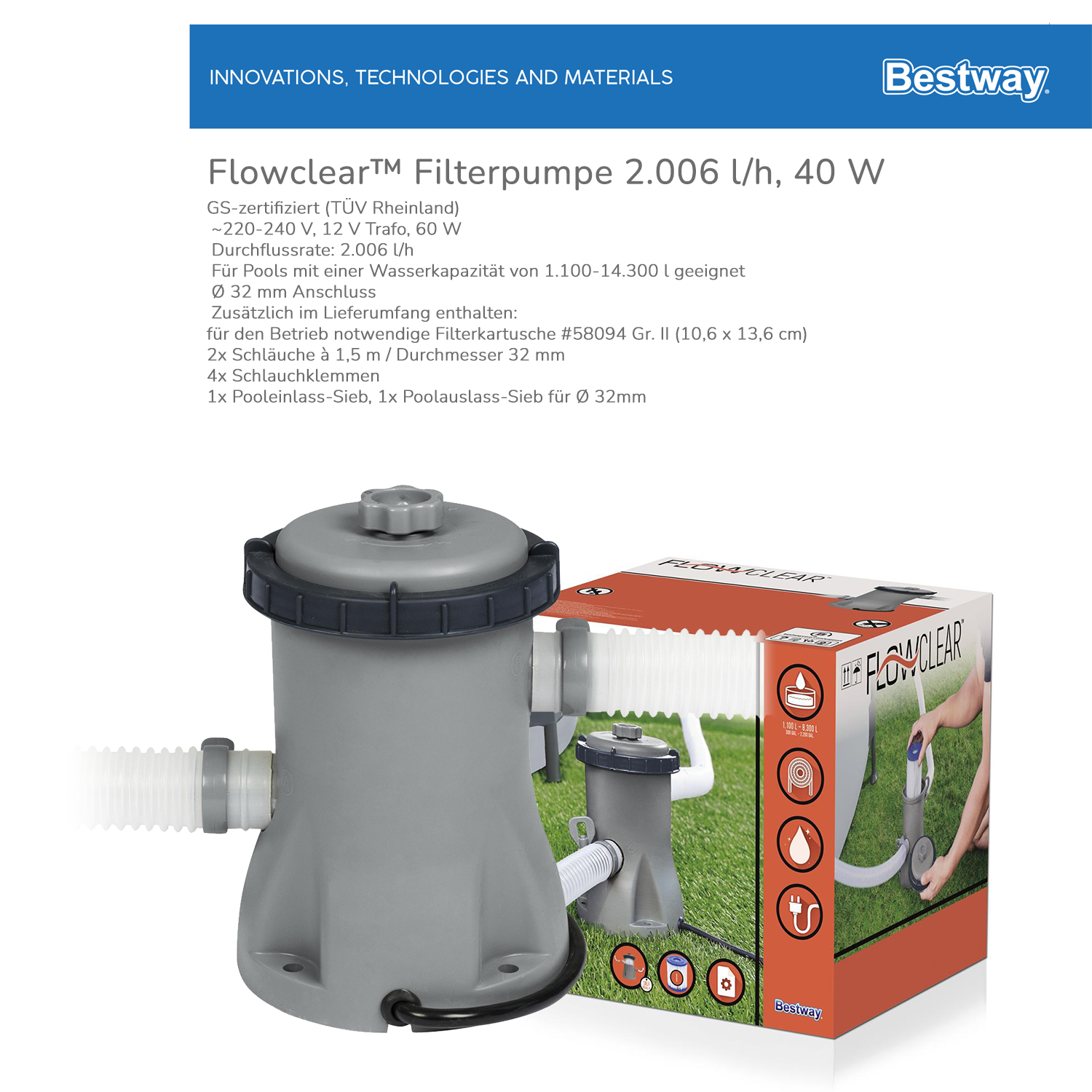 Bestway Pumpe Filterpumpe Sandfilterpumpe Filteranlage Pool Flowclear Filter (Modell wählbar)