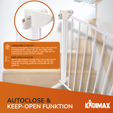 Kidimax® Treppenschutzgitter 75-84 cm, ohne Bohren, Türschutzgitter für Kinder, Hunde und Katzen, mit Auto-Close & Keep-Open Funktion, Treppengitter weiß