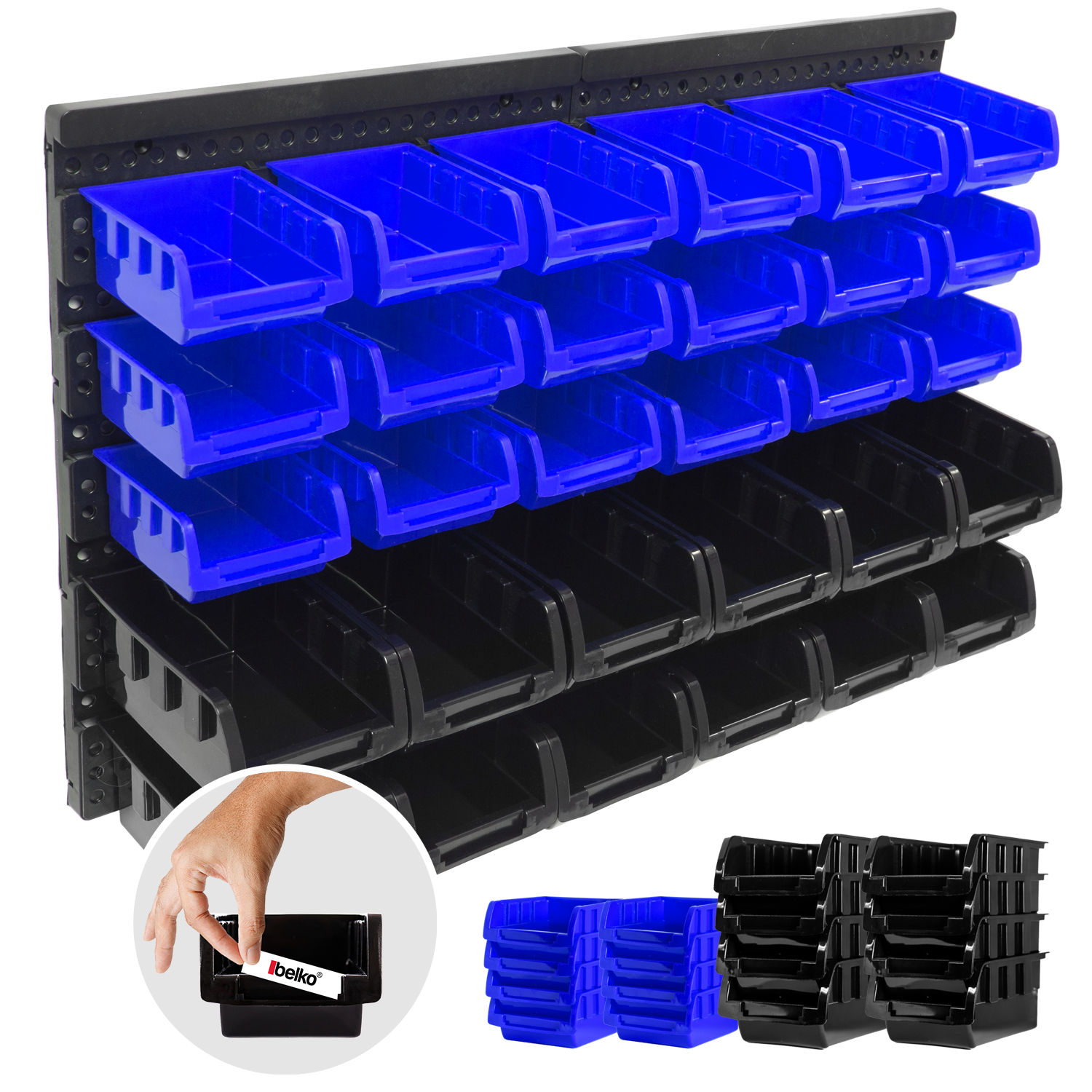 P24® Wandregal Stapelboxen, blau oder rot, Set 32 tlg. (Farbe wählbar)