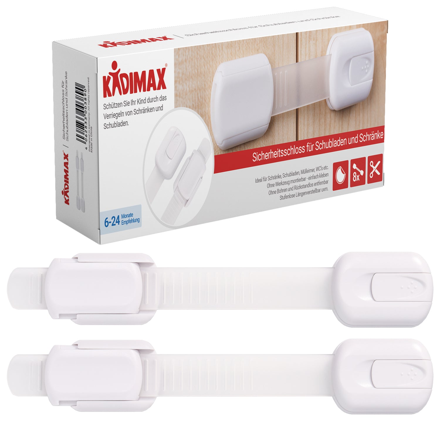 Kidimax® Kindersicherung für Schrank Schublade, Längenverstellbar, Ecke-Schlösser, 8 Stück